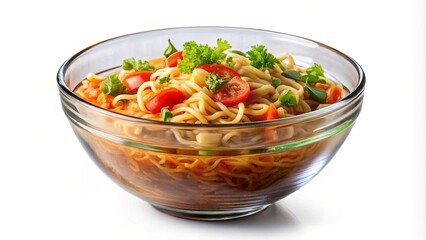 A bowl of tomato and noodle soup with a sprig of fresh greenery on top, ready for a comforting meal.