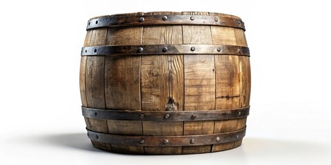 Obraz premium A rustic wooden barrel stands alone against a pristine white background, perfect for urban exploration photography, showcasing the charm of historic craftsmanship and forgotten spaces.