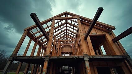 Obraz premium Wooden Frame House Under Construction with Cloudy Sky
