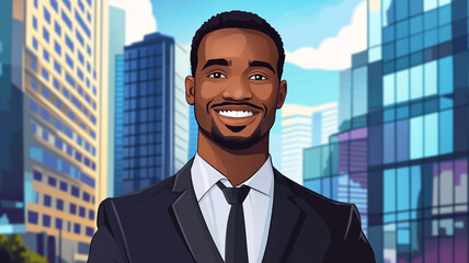 Fototapeta premium A professional man in a suit smiles confidently in a bustling urban cityscape during the day