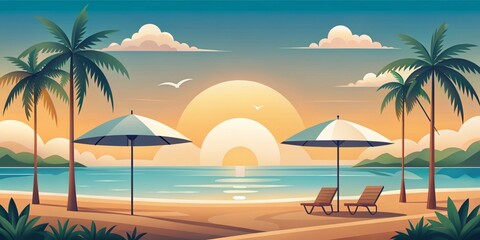 Obraz premium A serene coastal scene featuring paper art sun umbrellas and palm trees, where simplicity meets elegance, capturing the essence of a minimalist beach getaway.