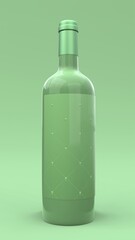Elegant wine bottle with label on green background. Modern cover design. 3d illustration.