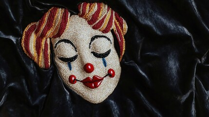 Elegant Velvet Cloth with Beaded Sad Clown Face Embroidery, Intricate Beadwork on Luxurious Fabric.