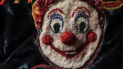 Elegant Velvet Cloth with Beaded Sad Clown Face Embroidery, Intricate Beadwork on Luxurious Fabric.