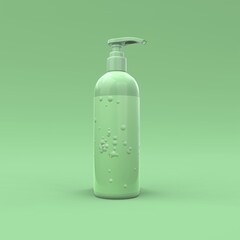 Elegant cosmetic bottle with label closeup on green background. Modern cover design. 3d illustration.