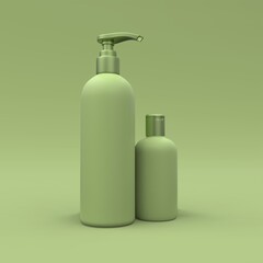 Elegant cosmetic bottle closeup on green background. Modern cover design. 3d illustration.