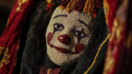 Elegant Velvet Cloth with Beaded Sad Clown Face Embroidery, Intricate Beadwork on Luxurious Fabric.