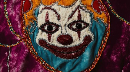 Elegant Velvet Cloth with Beaded Sad Clown Face Embroidery, Intricate Beadwork on Luxurious Fabric.