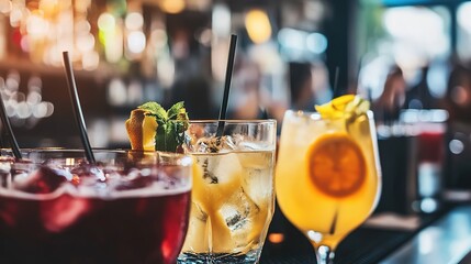 Elegant Bar Counter with Assorted Cocktails, Sophisticated Mixology, Inviting Drink Menu.