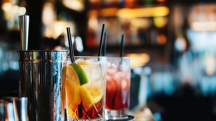 Elegant Bar Counter with Assorted Cocktails, Sophisticated Mixology, Inviting Drink Menu.