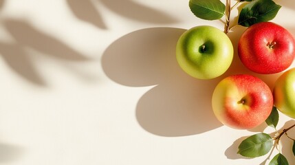 Sun-Drenched Apples: A vibrant still life featuring ripe red and green apples, artfully arranged with leaves and dappled sunlight casting shadows. Perfect for healthy eating, autumn themes.