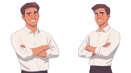 Fototapeta premium Smiling young man in a white shirt posing confidently with crossed arms on a plain background