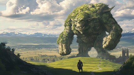 Ethereal Hill Giant in a Moonlit Landscape, Majestic and Mysterious Presence, Enchanted Forest Encounter.