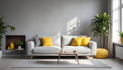 Yellow chair and blue sofa in room with fireplace. Scandinavian home interior design of modern living room in house by lake.