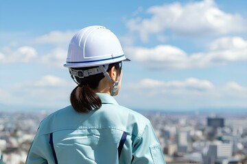 女性、ヘルメット、後ろ姿、建設事業、電気設備事業、青空、コピースペース