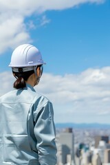 女性、ヘルメット、後ろ姿、建設事業、電気設備事業、青空、コピースペース