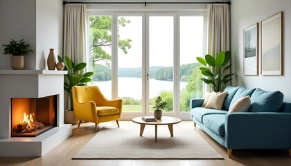 Yellow chair and blue sofa in room with fireplace. Scandinavian home interior design of modern living room in house by lake.