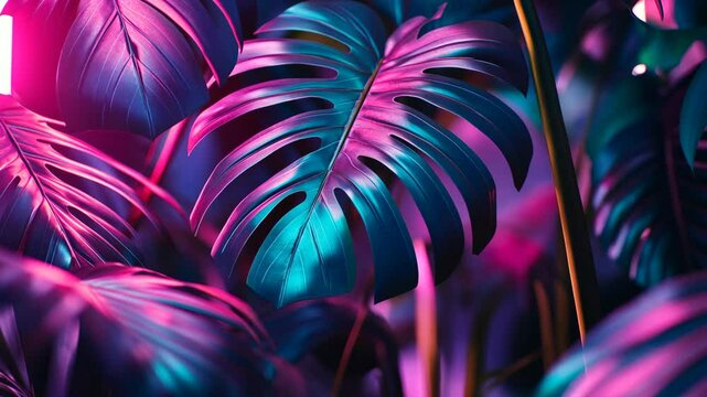 Close-up of large tropical leaves illuminated by neon light