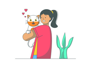 Female loves her pet cat. Cats illustration. Flat vector illustration.