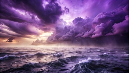 A tempestuous sky above a tumultuous sea, a symphony of nature's power in shades of purple and gray