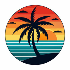 sunset beach and palm tree T-shirt design on a white background