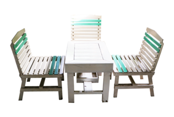 Set of Empty white, blue wooden square shape table dining with four chairs isolated on cut out PNG or transparent background. Modern designer, dining. For cafes and coffee shops Furniture for interior