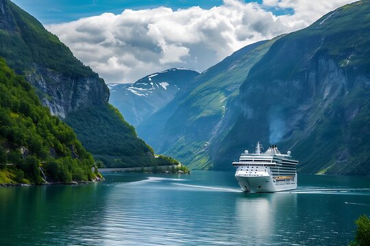 Cruise ship in the fjord. Norway Scandinavia.