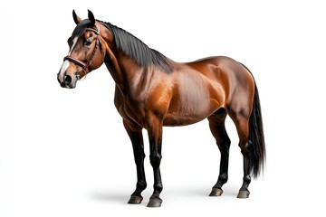 Naklejka premium Brown horse standing confidently, isolated on a white background.