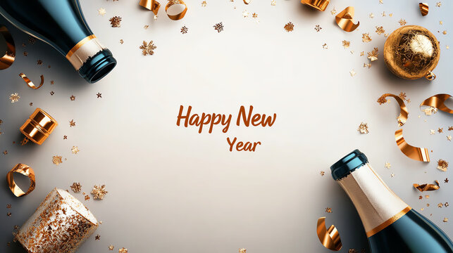 Celebratory New Year scene with champagne bottles and festive decorations.