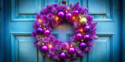 A festive purple and gold wreath adorned with sparkling lights hangs on a weathered blue door.