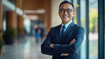 Obraz premium Confident business professional stands in modern office lobby during bright daytime