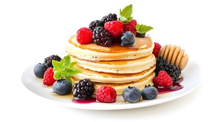 Pancakes stack with different berries and honey isolated on white background. 
