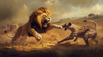 Majestic and fearless lion fiercely battling a pack of hyenas in the vast savanna. The lion, depicted as exceptionally beautiful with regal features and flowing mane, exudes strength and bravery. 