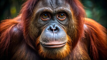 Naklejka premium Closeup of Bornean Orangutan Face in Low Light, Capturing Reddish Brown Hair and Long Arms, Perfect for Wildlife Photography and Nature Conservation Themes
