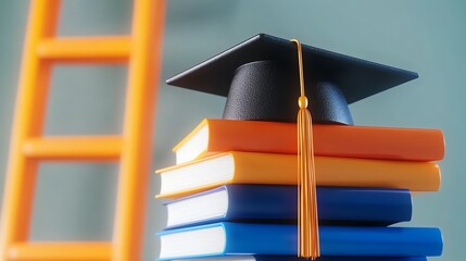 Graduation cap atop colorful books with a ladder in the background.