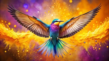 A vibrant bird with iridescent plumage soars through a swirling cloud of golden dust, creating a breathtaking spectacle of color and motion.