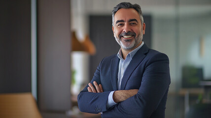 Fototapeta premium A confident businessman smiles while standing in a modern office setting during the day