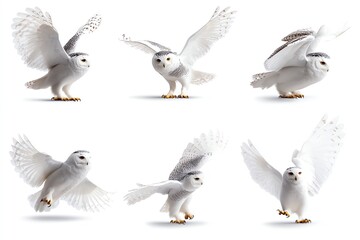 Fototapeta premium Various poses of a white owl on a white isolated background.