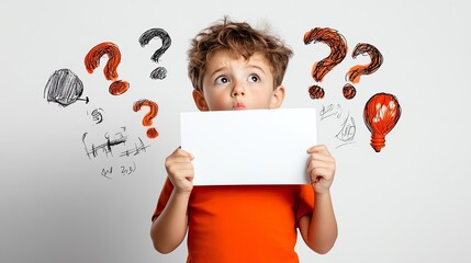 Young boy holds blank sign with puzzled expression in front of question marks.