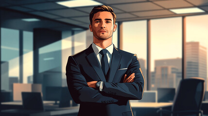 Fototapeta premium Confident businessman standing in a modern office with a city skyline in the background