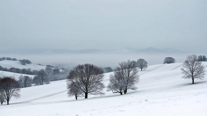 A serene winter landscape with soft snowfall covering the hills and bare trees, with a fine mist hanging over the mountains