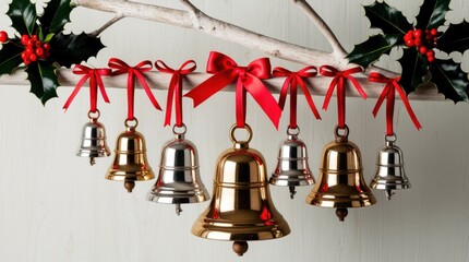 Obraz premium A set of Christmas bells tied with red ribbons, jingling softly in the wind.