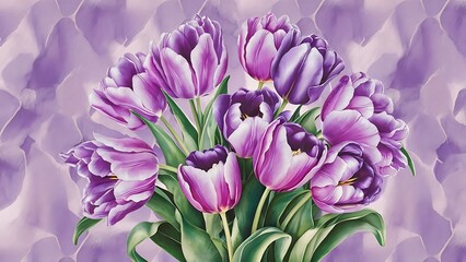 Obraz premium Purple and blue tulips watercolor illustration set. Seamless background pattern. Fabric wallpaper print texture.
