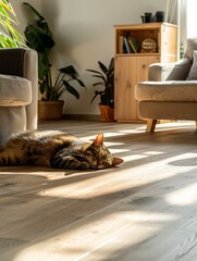 A cat laying on the floor in a living room. AI.