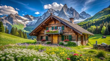 Fototapeta premium A rustic wooden chalet nestled amidst a vibrant meadow, framed by towering snow-capped peaks and lush greenery.
