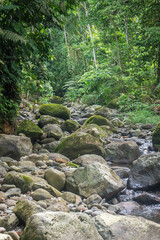 Dry river in Costa Rica with many rocks in the lane