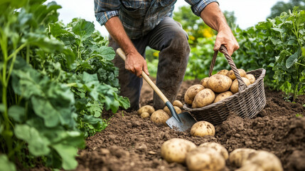 A farmer digging up large, earthy potatoes from the ground with a spade, lifting them into a basket, surrounded by freshly dug soil and rows of potato plants. v2