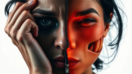 Unveiling the True Self A Woman's Face Split by a Zipper