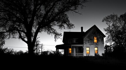 Eerie House with Two Windows at Dusk