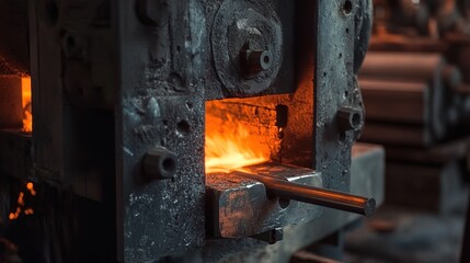 Forging molten metal in a high-temperature industrial forge, intense heat and sparks in action, blacksmith working in a workshop, metalworking craftsmanship concept.